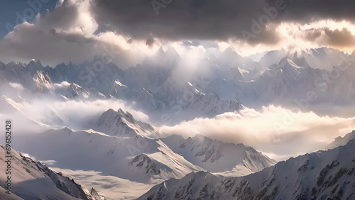 Light filters through clouds, illuminating vortex revealing complex patterns shapes created winds over snowcapped peaks Karakoram Range. photo