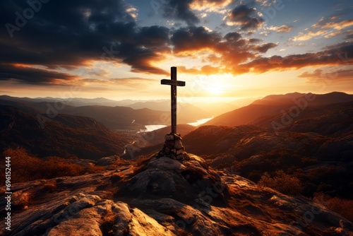 Cross on a rock in the mountains at sunrise, golden hour. Religion concept.
 photo