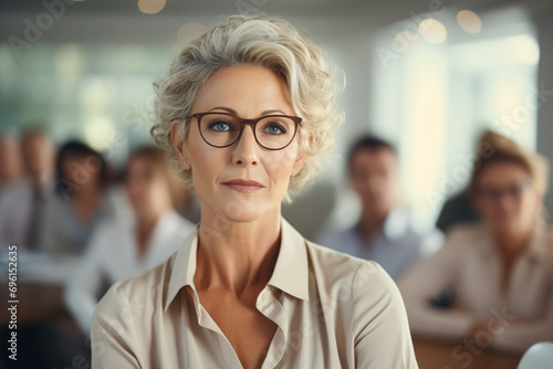  mature businesswoman looking at camera smile in the meeting room 