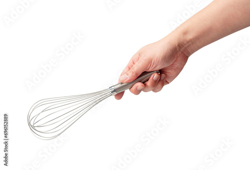 Men hand holding a stainless steel whisk isolated on a white background. photo