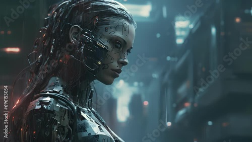 A cybernetic female warrior with cybernetic limbs modified for combat surrounded by computer terminals in a large arena. cyberpunk ar photo
