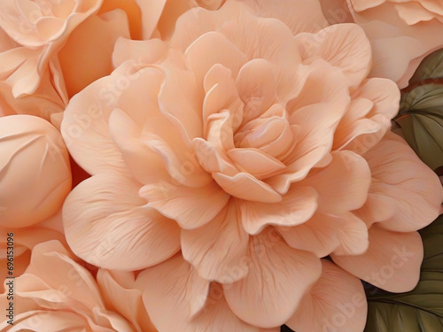 Close up de hermosa flor o rosa con grandes petalos color melon suave. El color del año peach fuzz 2024.