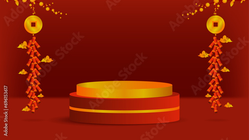 Product showcase decoration design for Chinese New Year. cylindrical podium display or showcase mockup for products with dragon decoration, lanterns and red background. Chinese new year sale promotion