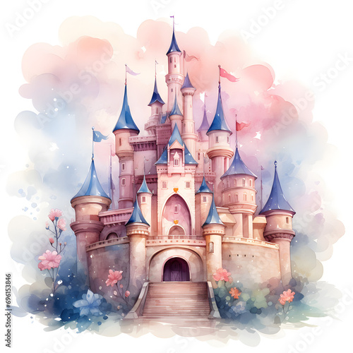 Illustration of a cute watercolor princess castle,
