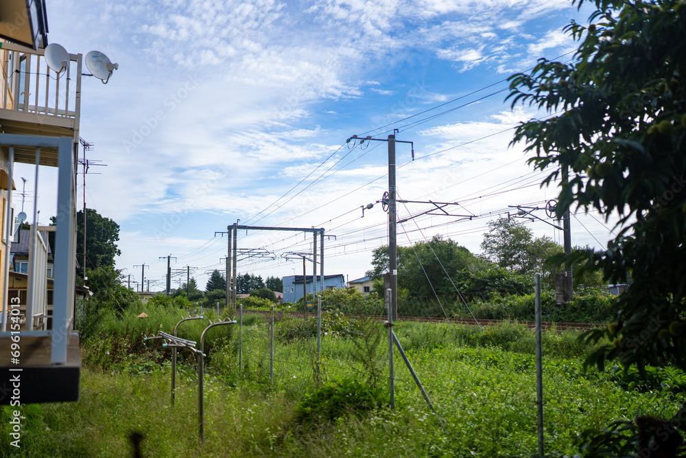 Fototapeta premium grassy rural rail line in hokkaido japan