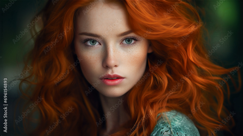 Fototapeta premium The image features a beautiful young woman with long, red hair. She is looking at the viewer with a captivating gaze, showcasing her striking features.