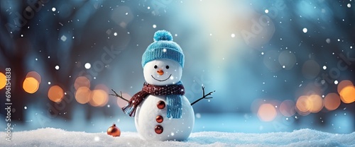 Winter Magic: Frosty Snowman Amidst Illuminated Pines in Bokeh Panorama, holiday cheer, nature's beauty, and the timeless magic associated with winter. © hisilly