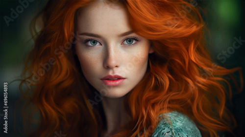The image features a beautiful young woman with long, red hair. She is looking at the viewer with a captivating gaze, showcasing her striking features.