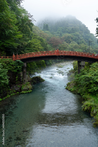 shinkyo bridge across the daiya river in nikko japan on a misty day