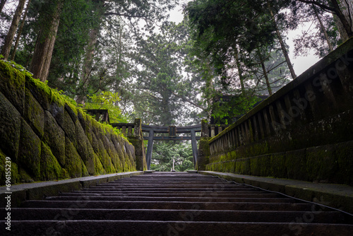 Fototapeta Naklejka Na Ścianę i Meble -  stone tori gate at the top of a stair case at a japanese temple in nikko japan