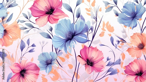 Seamless pattern of flowers with pink blue and orange background. Pink flowers background. Vector illustration of watercolor textured abstract art textile flower design