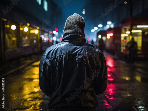 A male criminal stands on the street of a city at night. 