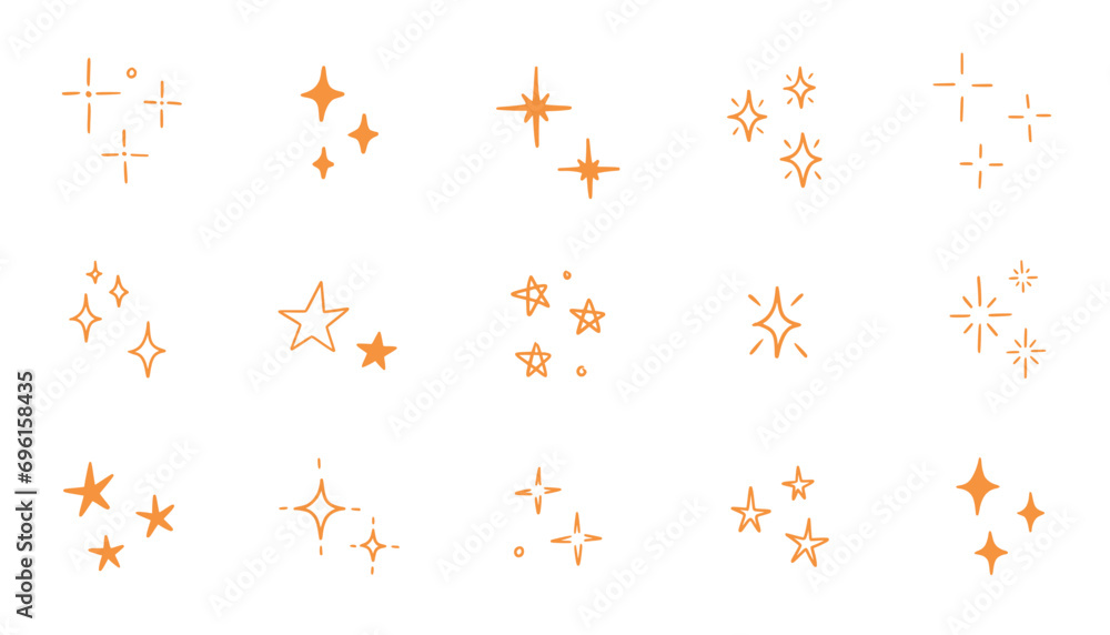 Hand drawn gold star sparkle shine of doodle set. Yellow star shine twinkle glow, spark glitter, magic party light vector illustration. Hand drawn sketch doodle style line sparkle elements - obrazy, fototapety, plakaty 