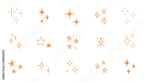Hand drawn gold star sparkle shine of doodle set. Yellow star shine twinkle glow, spark glitter, magic party light vector illustration. Hand drawn sketch doodle style line sparkle elements photo