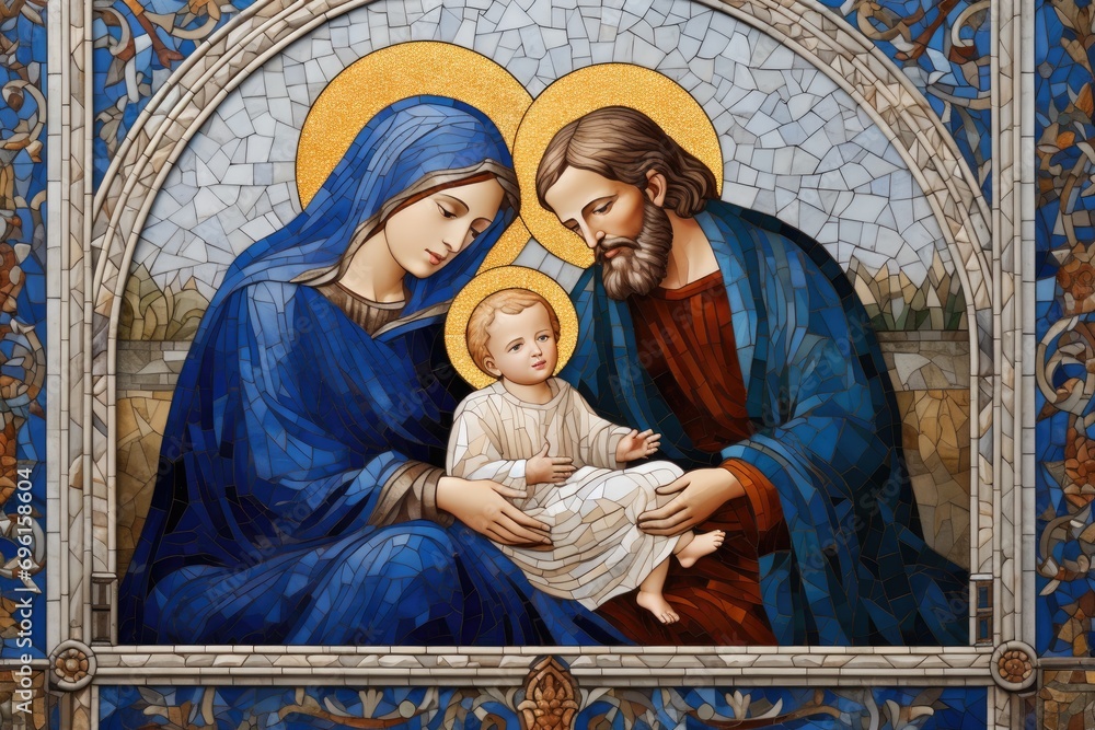 Mosaic art of the Holy Family, featuring intricate tile work and religious imagery.
