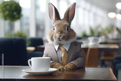 Sophisticated fluffy rabbit with a designer coffee cup in a contemporary cafe setting.