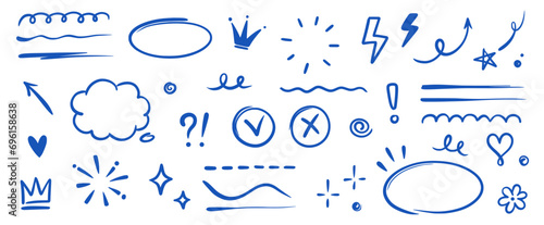 Hand drawn blue highlight, text underline, emphasis mark, line shape set. Hand drawn scribble arrow, love heart, speech bubble, crown element. Marker, pen brush stroke. Vector illustration