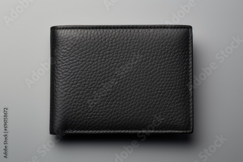 Texture-focused photograph of a black leather wallet, on a uniform light grey background.