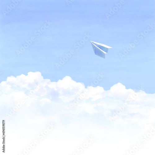 青空の雲の上を飛ぶ紙飛行機のリアルな水彩イラスト