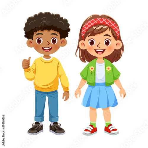 Vector illustration cartoon of a cute boy and a cute girl standing together smiling_02