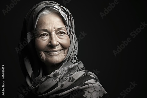 A beautiful elderly woman in a headscarf on a black background.