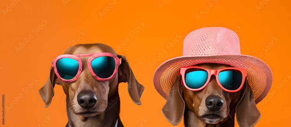 Fototapeta premium A humorous photograph of a 2 dogs wearing coordinating sunglasses and hats, capturing the fun and fashionable side of the human-pet relationship. Generative AI