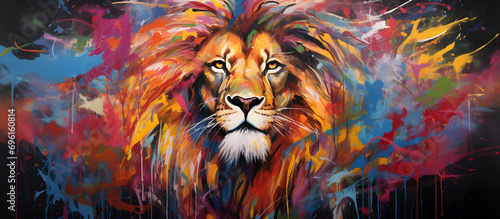 A contemporary art piece focusing on the lion's mane, created through abstract forms and vibrant colors. Generative AI