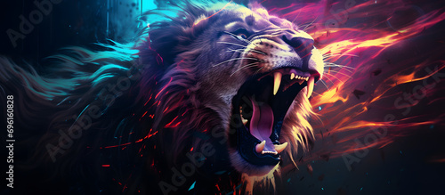 A dynamic digital illustration capturing the intense roar of a lion. Generative AI