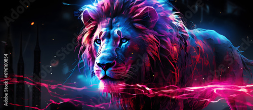 A neon-infused representation of a lion in a futuristic wilderness. Generative AI