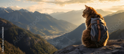 A cat perched on a mountain peak, overlooking a scenic landscape during a hiking adventure. Generative AI