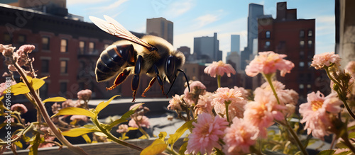 Against the backdrop of a bustling city, a bee navigates between rooftop gardens and urban flora. generative AI
