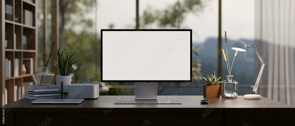 A modern private office room with a computer mockup on a desk, large glass window on the back. - obrazy, fototapety, plakaty 