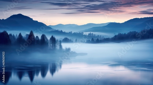 Serene lake view with ethereal mist shrouding the landscape, set against a backdrop of imposing mountains.