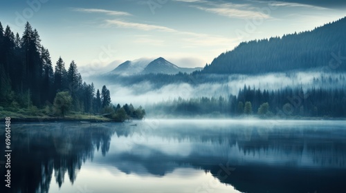 beautiful lake view with mist and mountains background