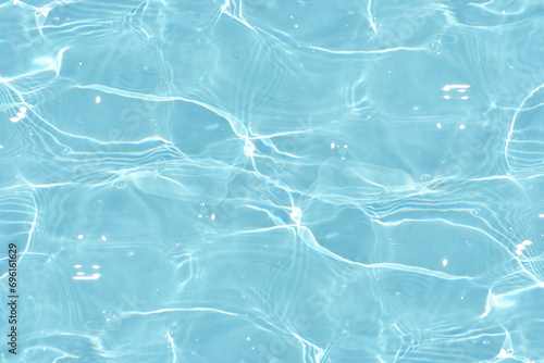 Bluewater waves on the surface ripples blurred. Defocus blurred transparent blue colored clear calm water surface texture with splash and bubbles. Water waves with shining pattern texture background. photo