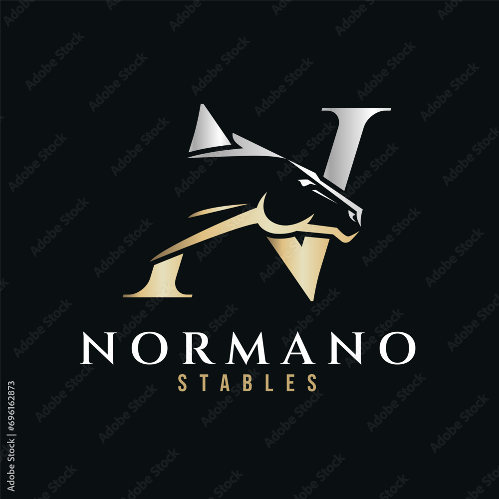Elegant letter N monogram gold silver horse logo, letter N horse logo, horse head logo Elegant letter N monogram gold silver horse logo, letter N horse logo, horse head logo