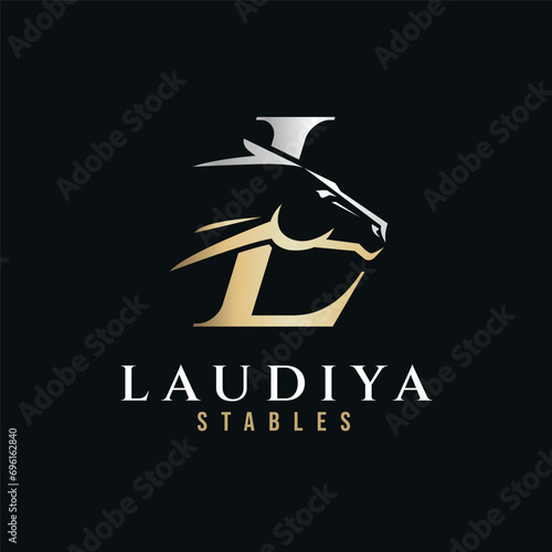 Elegant letter L monogram gold silver horse logo, letter L horse logo, horse head logo