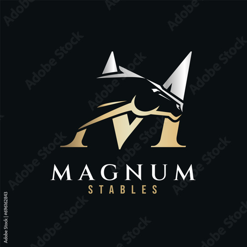 Elegant letter M monogram gold silver horse logo, letter M horse logo, horse head logo