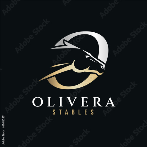 Elegant letter O monogram gold silver horse logo, letter O horse logo, horse head logo