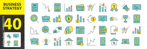 Strategic Mastery in Business: Vibrant Icon Collection for Filled Flat Solutions, Brand Brilliance, Competitive Edge, Goal Planning, Competitor Insight, and Consolidation – Fully Editable!