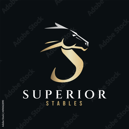 Elegant letter S monogram gold silver horse logo, letter S horse logo, horse head logo