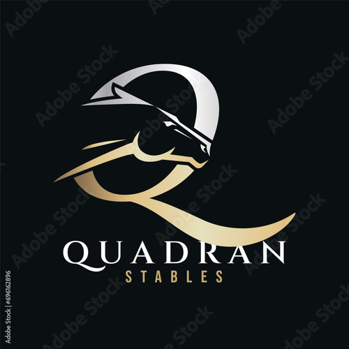 Elegant letter Q monogram gold silver horse logo, letter Q horse logo, horse head logo