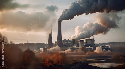 Industrial landscape with coal-fired power plant and smoke.