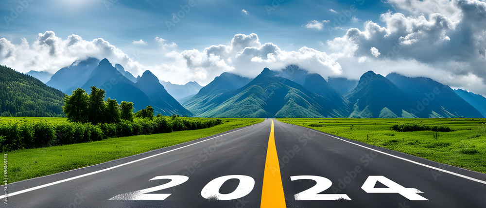 2024 Goal plan action, Business target and growth strategy. 2024 written on the road in the middle of road with at sunset - obrazy, fototapety, plakaty 