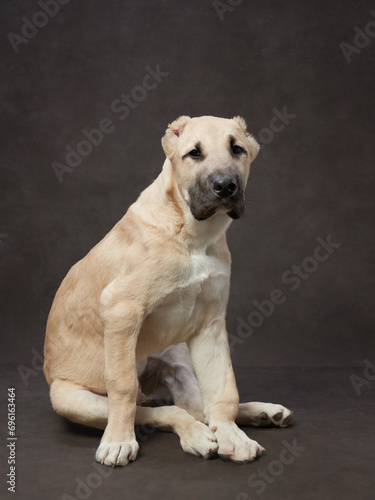 Studio shot of a Central Asian Shepherd dog, watchful and poised. A cream-colored pet sits regally in a studio, exuding calmness