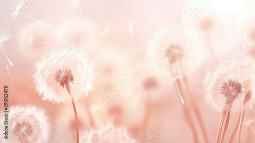 Pastel peach color dandelion seeds in the wind, beige abstract background