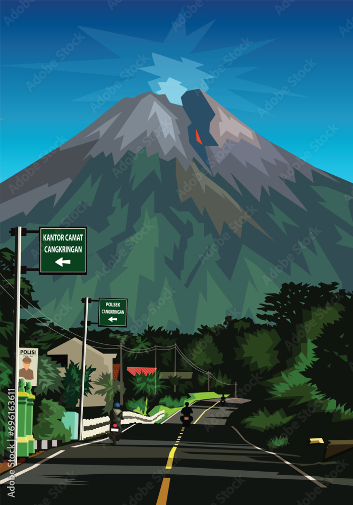 Mount Merapi landscape Yogyakarta vector for background design. - obrazy, fototapety, plakaty 