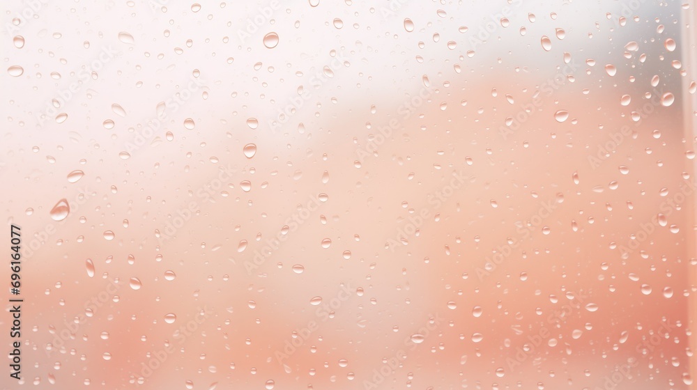 Fototapeta premium Pastel peach color raindrops on a window, beige abstract background