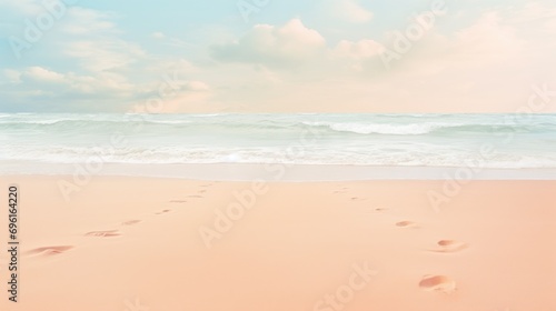 Pastel peach color seashore with footprints, beige abstract background