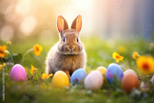 Cute rabbit surrounded by field of Easter eggs created with Generative AI